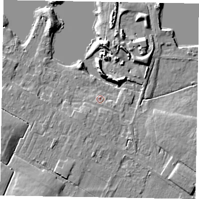 Shaded relief map of the ground around SL62DD, computed from Environment Agency LiDAR. The ground here sits at about 23 m above sea level and falls 11 m across the surrounding 800 m. Surface water reaching this point runs off ground lying to the south-south-west, 1.9 m higher.