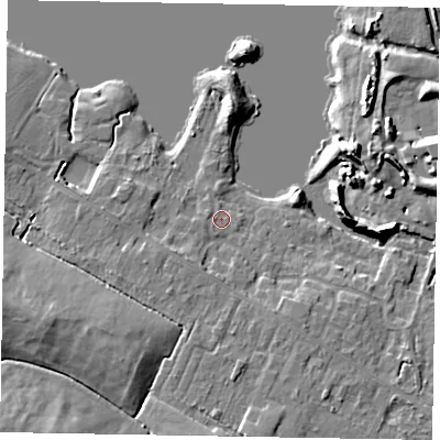 Shaded relief map of the ground around SL62DF, computed from Environment Agency LiDAR. The ground here sits at about 23 m above sea level and falls 12 m across the surrounding 800 m. Surface water reaching this point runs off ground lying to the south-west, 1.3 m higher.