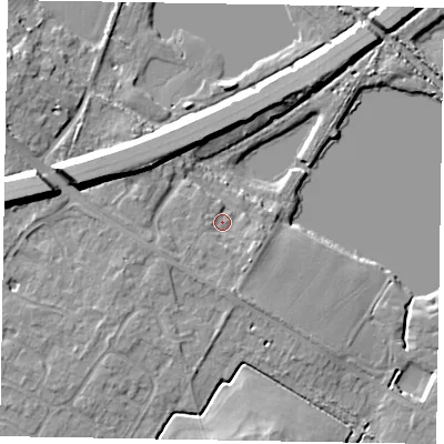 Shaded relief map of the ground around SL62DL, computed from Environment Agency LiDAR. The ground here sits at about 25 m above sea level and falls 13 m across the surrounding 800 m. Surface water reaching this point runs off ground lying to the south-east, 2.4 m higher.