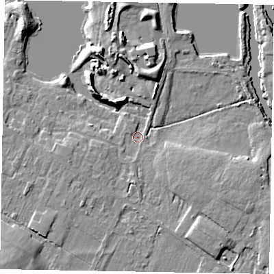 Shaded relief map of the ground around SL62EA, computed from Environment Agency LiDAR. The ground here sits at about 23 m above sea level and falls 12 m across the surrounding 800 m. Surface water reaching this point runs off ground lying to the south-west, 7.7 m higher.