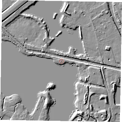 Shaded relief map of the ground around SL62EB, computed from Environment Agency LiDAR. The ground here sits at about 22 m above sea level and falls 11 m across the surrounding 800 m. Surface water reaching this point runs off ground lying to the south-east, 6.4 m higher.
