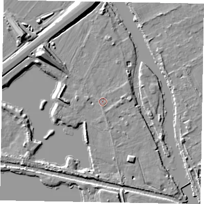 Shaded relief map of the ground around SL62ED, computed from Environment Agency LiDAR. The ground here sits at about 22 m above sea level and falls 12 m across the surrounding 800 m. Surface water reaching this point runs off ground lying to the east-north-east, 1.4 m higher.
