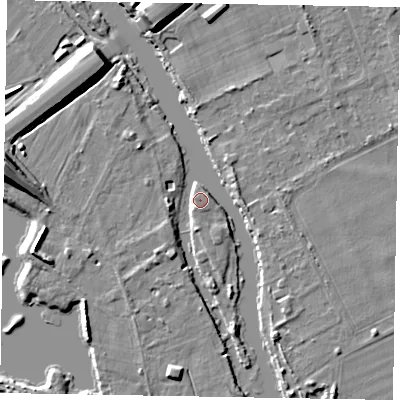 Shaded relief map of the ground around SL62EE, computed from Environment Agency LiDAR. The ground here sits at about 22 m above sea level and falls 11 m across the surrounding 800 m. Surface water reaching this point runs off ground lying to the south-south-east, 3.0 m higher.