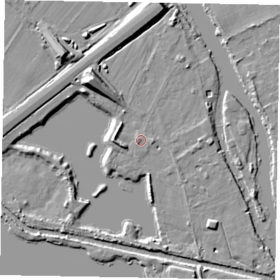 Shaded relief map of the ground around SL62EF, computed from Environment Agency LiDAR. The ground here sits at about 23 m above sea level and falls 12 m across the surrounding 800 m. Surface water reaching this point runs off ground lying to the west-north-west, 2.9 m higher.