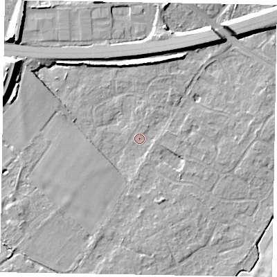Shaded relief map of the ground around SL62HF, computed from Environment Agency LiDAR. The ground here sits at about 25 m above sea level and falls 12 m across the surrounding 800 m. Surface water reaching this point runs off ground lying to the south-south-east, 2.6 m higher.