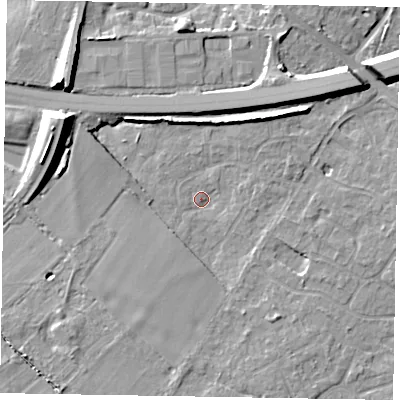 Shaded relief map of the ground around SL62HG, computed from Environment Agency LiDAR. The ground here sits at about 25 m above sea level and falls 12 m across the surrounding 800 m. Surface water reaching this point runs off ground lying to the south-south-west, 2.2 m higher.