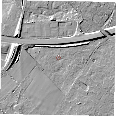 Shaded relief map of the ground around SL62HQ, computed from Environment Agency LiDAR. The ground here sits at about 25 m above sea level and falls 13 m across the surrounding 800 m. Surface water reaching this point runs off ground lying to the west-north-west, 6.4 m higher.