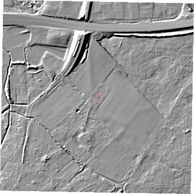 Shaded relief map of the ground around SL62HX, computed from Environment Agency LiDAR. The ground here sits at about 26 m above sea level and falls 13 m across the surrounding 800 m. Surface water reaching this point runs off ground lying to the south-south-west, 1.6 m higher.