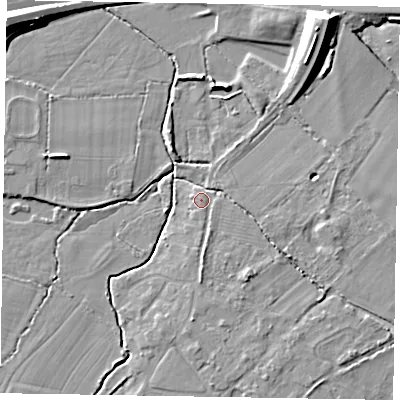 Shaded relief map of the ground around SL62HY, computed from Environment Agency LiDAR. The ground here sits at about 26 m above sea level and falls 13 m across the surrounding 800 m. Surface water reaching this point runs off ground lying to the south-south-east, 3.8 m higher.
