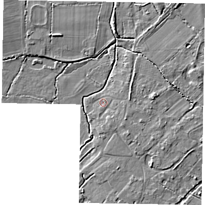 Shaded relief map of the ground around SL62HZ, computed from Environment Agency LiDAR. The ground here sits at about 25 m above sea level and falls 6 m across the surrounding 800 m. Surface water reaching this point runs off ground lying to the south-east, 2.7 m higher.