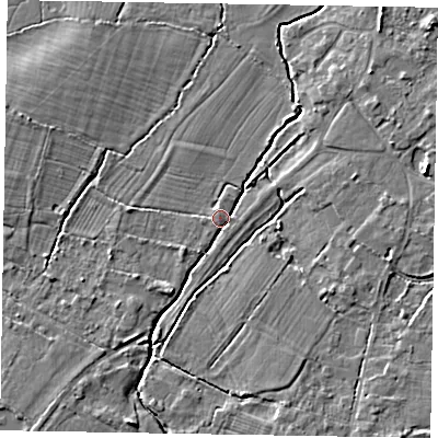 Shaded relief map of the ground around SL62JB, computed from Environment Agency LiDAR. The ground here sits at about 26 m above sea level and falls 5 m across the surrounding 800 m. Surface water reaching this point runs off ground lying to the south-east, 3.9 m higher.