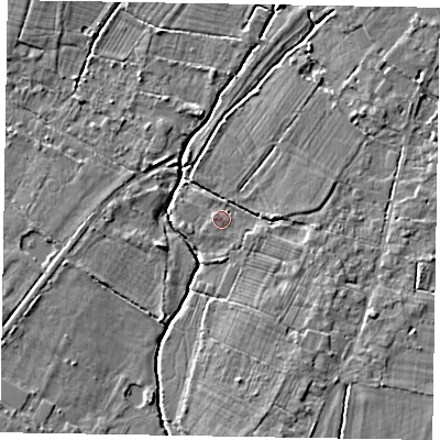 Shaded relief map of the ground around SL62JD, computed from Environment Agency LiDAR. The ground here sits at about 27 m above sea level and falls 5 m across the surrounding 800 m. Surface water reaching this point runs off ground lying to the east-south-east, 2.3 m higher.