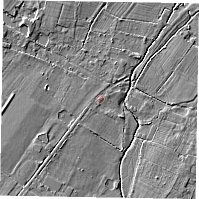 Shaded relief map of the ground around SL62JE, computed from Environment Agency LiDAR. The ground here sits at about 28 m above sea level and falls 5 m across the surrounding 800 m. Surface water reaching this point runs off ground lying to the south-west, 1.0 m higher.
