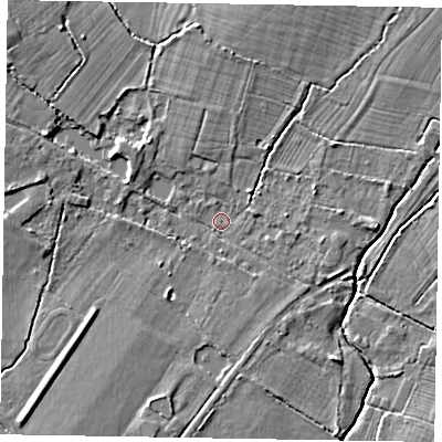 Shaded relief map of the ground around SL62JF, computed from Environment Agency LiDAR. The ground here sits at about 27 m above sea level and falls 5 m across the surrounding 800 m. Surface water reaching this point runs off ground lying to the south-west, 3.6 m higher.