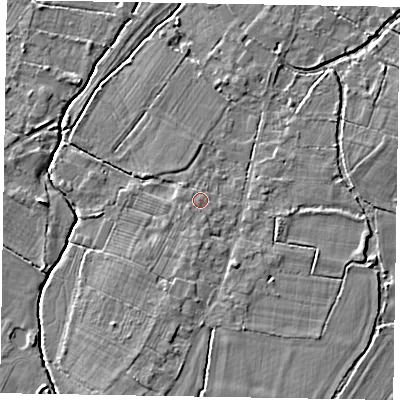 Shaded relief map of the ground around SL62NB, computed from Environment Agency LiDAR. The ground here sits at about 28 m above sea level and falls 5 m across the surrounding 800 m. Surface water reaching this point runs off ground lying to the south, 0.8 m higher.