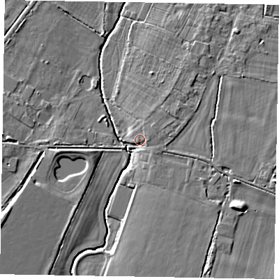 Shaded relief map of the ground around SL62NW, computed from Environment Agency LiDAR. The ground here sits at about 30 m above sea level and falls 8 m across the surrounding 800 m. Surface water reaching this point runs off ground lying to the east, 2.2 m higher.