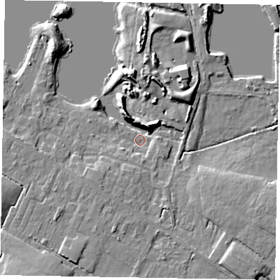 Shaded relief map of the ground around SL62UA, computed from Environment Agency LiDAR. The ground here sits at about 22 m above sea level and falls 11 m across the surrounding 800 m. Surface water reaching this point runs off ground lying to the north-north-east, 8.8 m higher.