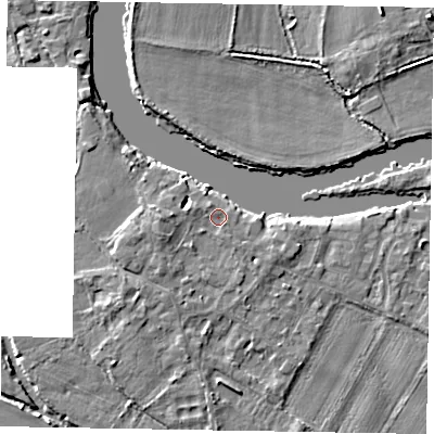 Shaded relief map of the ground around SL62UB, computed from Environment Agency LiDAR. The ground here sits at about 23 m above sea level and falls 4 m across the surrounding 800 m. Surface water reaching this point runs off ground lying to the west-north-west, 0.8 m higher.