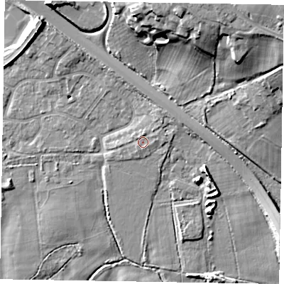 Shaded relief map of the ground around SL63AA, computed from Environment Agency LiDAR. The ground here sits at about 27 m above sea level and falls 20 m across the surrounding 800 m. Surface water reaching this point runs off ground lying to the north-east, 1.5 m higher.