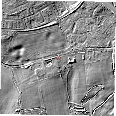 Shaded relief map of the ground around SL63AB, computed from Environment Agency LiDAR. The ground here sits at about 26 m above sea level and falls 9 m across the surrounding 800 m. Surface water reaching this point runs off ground lying to the west, 2.9 m higher.