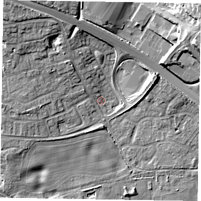 Shaded relief map of the ground around SL63DZ, computed from Environment Agency LiDAR. The ground here sits at about 26 m above sea level and falls 16 m across the surrounding 800 m. Surface water reaching this point runs off ground lying to the north-north-west, 6.8 m higher.