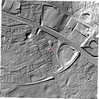 Shaded relief map of the ground around SL63EJ, computed from Environment Agency LiDAR. The ground here sits at about 28 m above sea level and falls 16 m across the surrounding 800 m. Surface water reaching this point runs off ground lying to the north-west, 10.4 m higher.