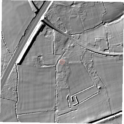Shaded relief map of the ground around SL63JP, computed from Environment Agency LiDAR. The ground here sits at about 43 m above sea level and falls 15 m across the surrounding 800 m. Surface water reaching this point runs off ground lying to the west-north-west, 0.8 m higher.
