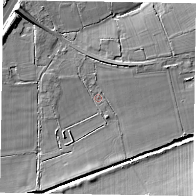Shaded relief map of the ground around SL63JR, computed from Environment Agency LiDAR. The ground here sits at about 41 m above sea level and falls 16 m across the surrounding 800 m. Surface water reaching this point runs off ground lying to the west-north-west, 3.0 m higher.