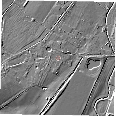 Shaded relief map of the ground around SL63LQ, computed from Environment Agency LiDAR. The ground here sits at about 30 m above sea level and falls 10 m across the surrounding 800 m. Surface water reaching this point runs off ground lying to the south-west, 1.9 m higher.
