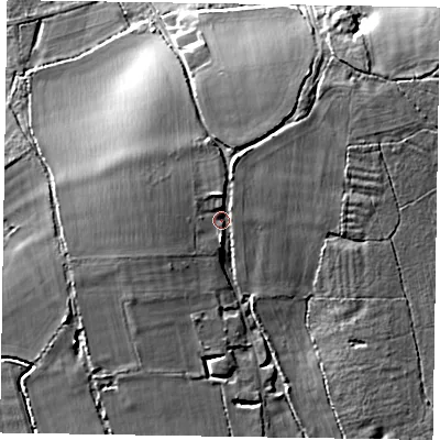 Shaded relief map of the ground around SL63SR, computed from Environment Agency LiDAR. The ground here sits at about 44 m above sea level and falls 10 m across the surrounding 800 m. Surface water reaching this point runs off ground lying to the north-north-east, 4.4 m higher.