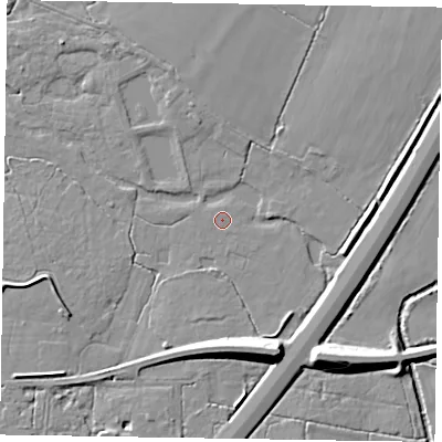 Shaded relief map of the ground around SL63SS, computed from Environment Agency LiDAR. The ground here sits at about 39 m above sea level and falls 11 m across the surrounding 800 m. Surface water reaching this point runs off ground lying to the south-south-east, 8.9 m higher.