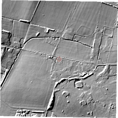 Shaded relief map of the ground around SL63ST, computed from Environment Agency LiDAR. The ground here sits at about 45 m above sea level and falls 9 m across the surrounding 800 m. Surface water reaching this point runs off ground lying to the south, 5.4 m higher.