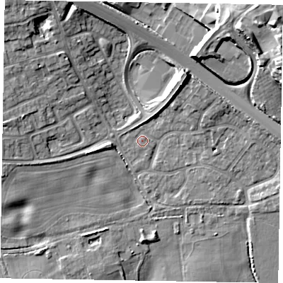 Shaded relief map of the ground around SL63YP, computed from Environment Agency LiDAR. The ground here sits at about 26 m above sea level and falls 18 m across the surrounding 800 m. Surface water reaching this point runs off ground lying to the west, 5.1 m higher.
