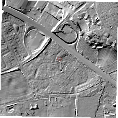 Shaded relief map of the ground around SL63YR, computed from Environment Agency LiDAR. The ground here sits at about 28 m above sea level and falls 21 m across the surrounding 800 m. Surface water reaching this point runs off ground lying to the north, 1.9 m higher.