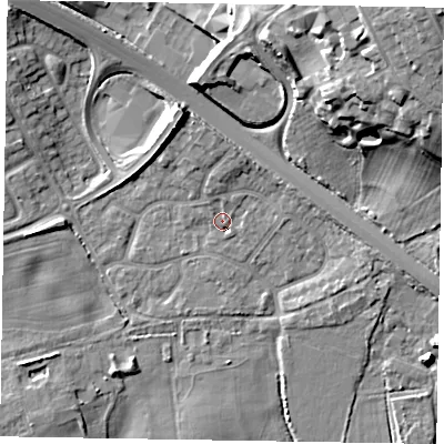 Shaded relief map of the ground around SL63YS, computed from Environment Agency LiDAR. The ground here sits at about 27 m above sea level and falls 22 m across the surrounding 800 m. Surface water reaching this point runs off ground lying to the north, 2.2 m higher.
