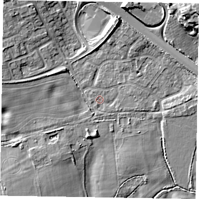 Shaded relief map of the ground around SL63YT, computed from Environment Agency LiDAR. The ground here sits at about 26 m above sea level and falls 18 m across the surrounding 800 m. Surface water reaching this point runs off ground lying to the west, 4.0 m higher.