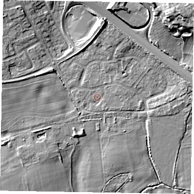 Shaded relief map of the ground around SL63YU, computed from Environment Agency LiDAR. The ground here sits at about 26 m above sea level and falls 19 m across the surrounding 800 m. Surface water reaching this point runs off ground lying to the west, 3.4 m higher.