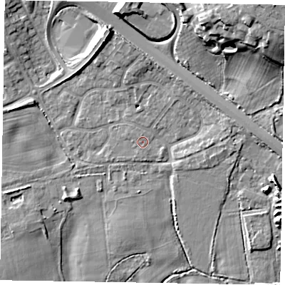 Shaded relief map of the ground around SL63YX, computed from Environment Agency LiDAR. The ground here sits at about 26 m above sea level and falls 21 m across the surrounding 800 m. Surface water reaching this point runs off ground lying to the north-west, 0.6 m higher.