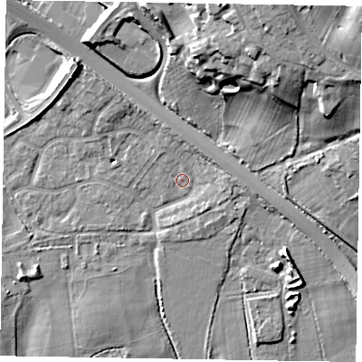 Shaded relief map of the ground around SL63YY, computed from Environment Agency LiDAR. The ground here sits at about 27 m above sea level and falls 21 m across the surrounding 800 m. Surface water reaching this point runs off ground lying to the north-west, 1.1 m higher.