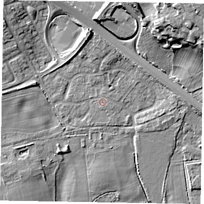 Shaded relief map of the ground around SL63YZ, computed from Environment Agency LiDAR. The ground here sits at about 26 m above sea level and falls 21 m across the surrounding 800 m. Surface water reaching this point runs off ground lying to the north-north-east, 3.3 m higher.
