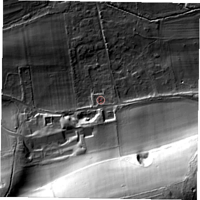 Shaded relief map of the ground around SL65LE, computed from Environment Agency LiDAR. The ground here sits at about 31 m above sea level and falls 59 m across the surrounding 800 m. Surface water reaching this point runs off ground lying to the south, 53.5 m higher.