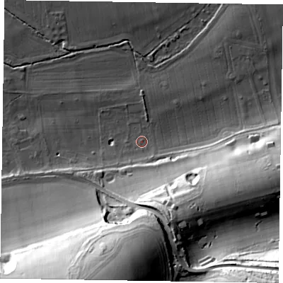 Shaded relief map of the ground around SL65LL, computed from Environment Agency LiDAR. The ground here sits at about 30 m above sea level and falls 51 m across the surrounding 800 m. Surface water reaching this point runs off ground lying to the south-south-east, 30.7 m higher.