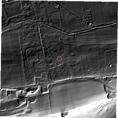 Shaded relief map of the ground around SL65LN, computed from Environment Agency LiDAR. The ground here sits at about 30 m above sea level and falls 47 m across the surrounding 800 m. Surface water reaching this point runs off ground lying to the south-south-east, 36.0 m higher.