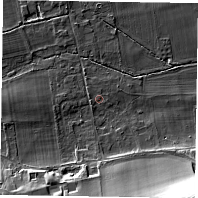 Shaded relief map of the ground around SL65LT, computed from Environment Agency LiDAR. The ground here sits at about 30 m above sea level and falls 35 m across the surrounding 800 m. Surface water reaching this point runs off ground lying to the west-north-west, 1.2 m higher.