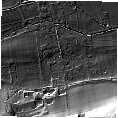 Shaded relief map of the ground around SL65LU, computed from Environment Agency LiDAR. The ground here sits at about 30 m above sea level and falls 45 m across the surrounding 800 m. Surface water reaching this point runs off ground lying to the south, 24.0 m higher.
