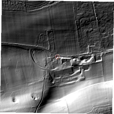 Shaded relief map of the ground around SL65LW, computed from Environment Agency LiDAR. The ground here sits at about 32 m above sea level and falls 60 m across the surrounding 800 m. Surface water reaching this point runs off ground lying to the south-south-east, 55.6 m higher.