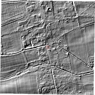Shaded relief map of the ground around SL65LX, computed from Environment Agency LiDAR. The ground here sits at about 30 m above sea level and falls 5 m across the surrounding 800 m. Surface water reaching this point runs off ground lying to the south-south-west, 1.2 m higher.