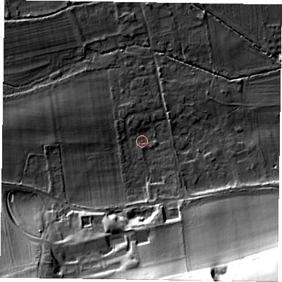 Shaded relief map of the ground around SL65LY, computed from Environment Agency LiDAR. The ground here sits at about 29 m above sea level and falls 44 m across the surrounding 800 m. Surface water reaching this point runs off ground lying to the south-south-east, 28.6 m higher.