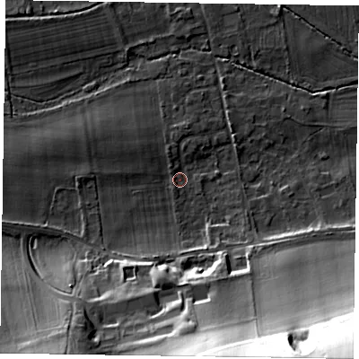 Shaded relief map of the ground around SL65LZ, computed from Environment Agency LiDAR. The ground here sits at about 30 m above sea level and falls 45 m across the surrounding 800 m. Surface water reaching this point runs off ground lying to the south-south-east, 34.4 m higher.