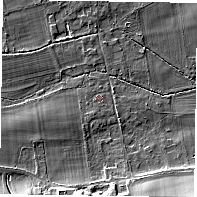 Shaded relief map of the ground around SL65NA, computed from Environment Agency LiDAR. The ground here sits at about 30 m above sea level and falls 13 m across the surrounding 800 m. Surface water reaching this point runs off ground lying to the south-south-west, 1.6 m higher.